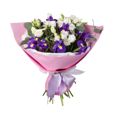 Букет «Подарок» – элегантная композиция из ирисов, эустом и эвкалипта Арзамас Нижегородская область