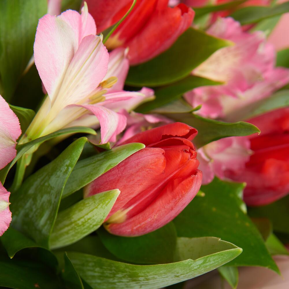 Букет «Первый поцелуй» красных тюльпанов и розовых альстромерий Арзамас Нижегородская область